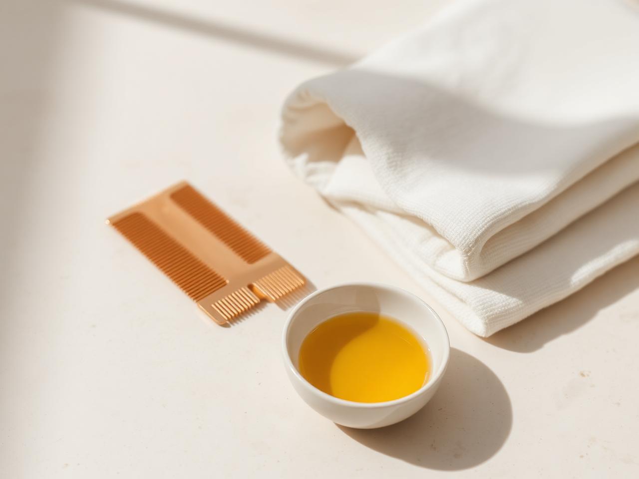Champagne gold comb, botanical oil and ivory linen — ritual objects